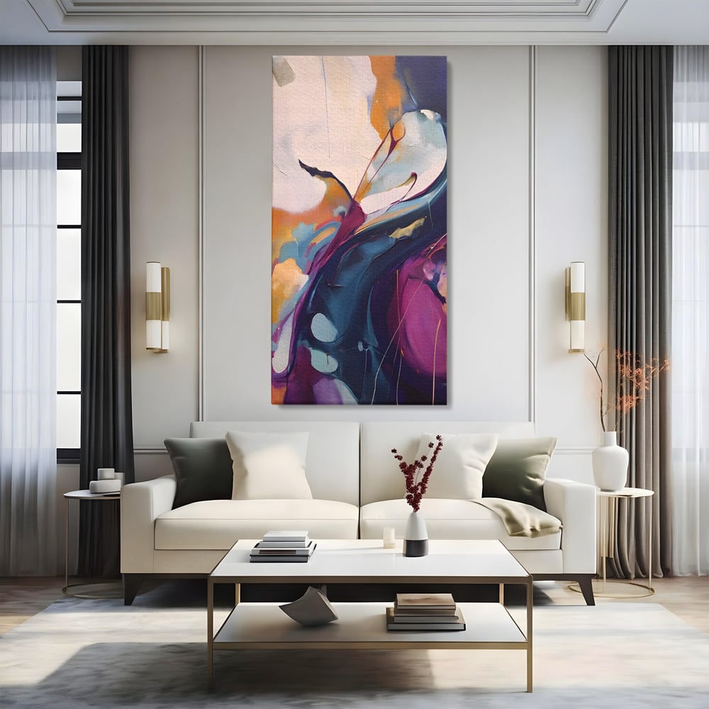 Tablou canvas cu pictura abstracta cu curbe fluide, fara rama, pe sasiu de lemn, pe perete intr-un living
